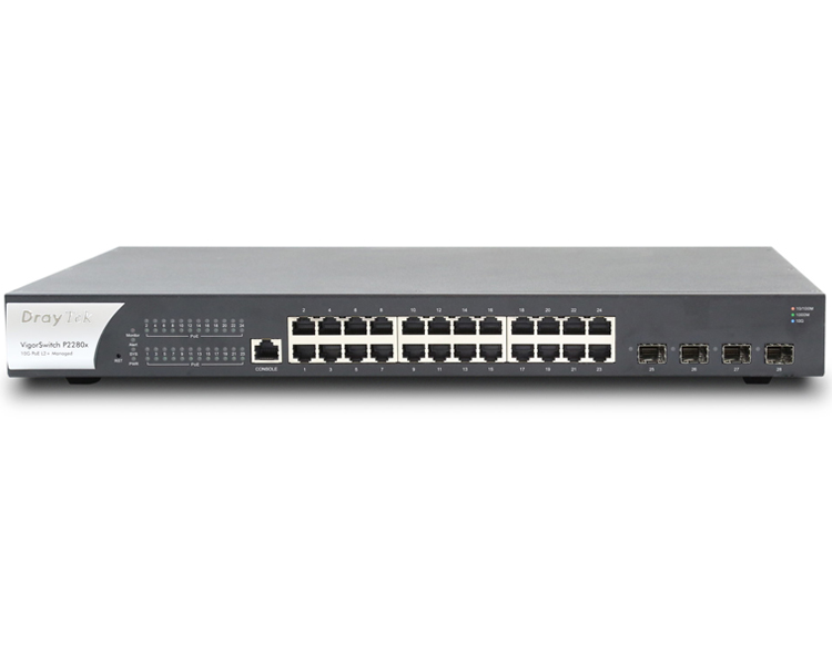 DrayTek VigorSwitch P2280x 10GB switch with 4 10GB SFP+ ports and 24GB PoE + ports