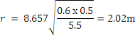 r = 8.657*sqrt((0.6*0.5)/5.5) = 2.02m